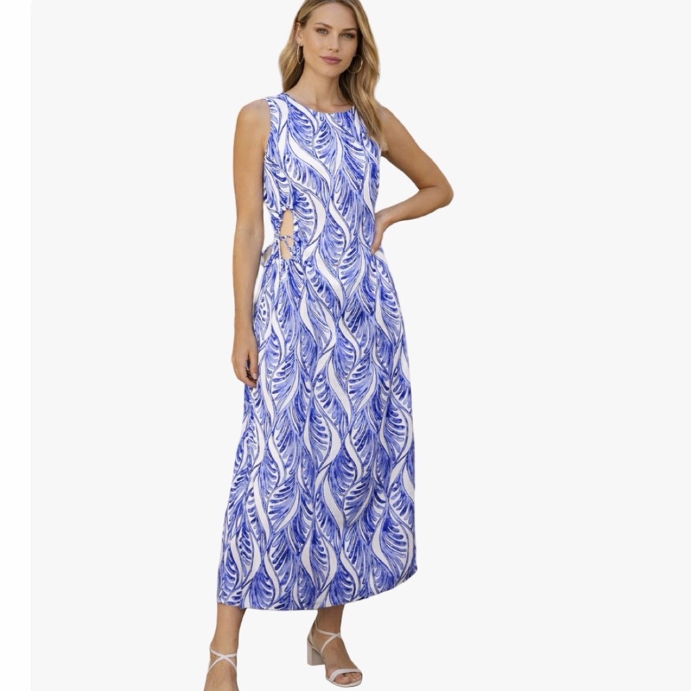Magaschoni NWOT 100% Linen Blue White Peek-A-Boo Side Cut-Out Midi Dress Size 6